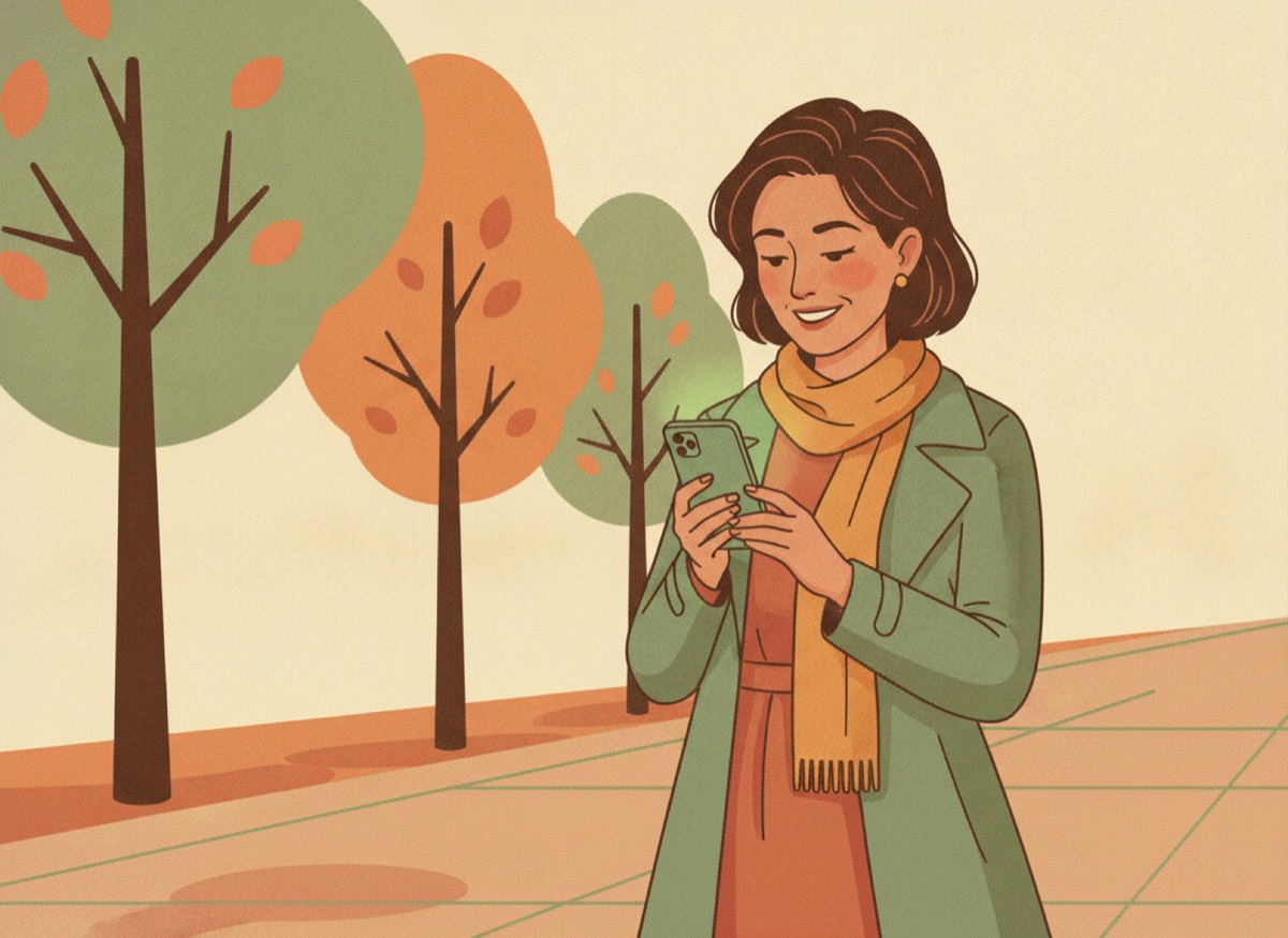 A woman reading a reassuring update on her phone